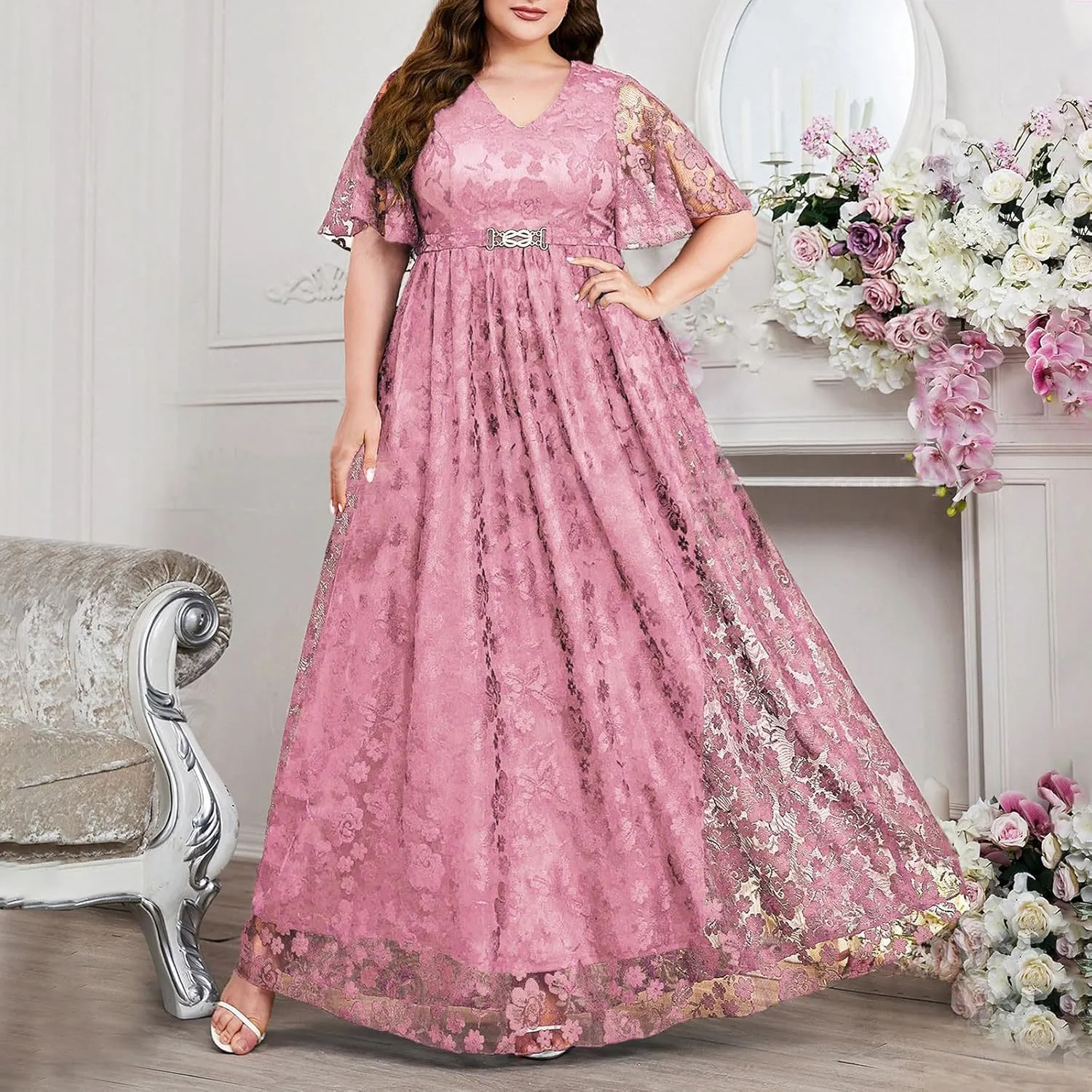 Womens Plus Size Floral Lace Short Sleeve Dress Cocktail Party Flowy Long Dresses V Neck Casual Loose Swing Maxi Dress