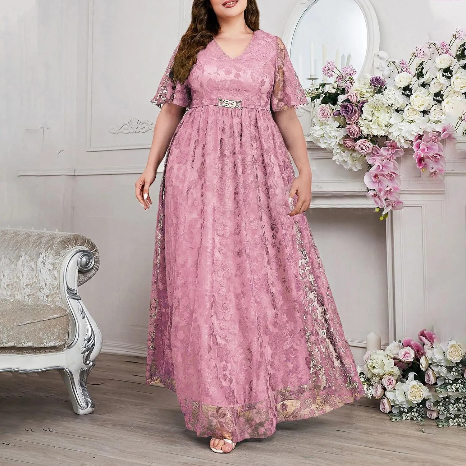 Womens Plus Size Floral Lace Short Sleeve Dress Cocktail Party Flowy Long Dresses V Neck Casual Loose Swing Maxi Dress