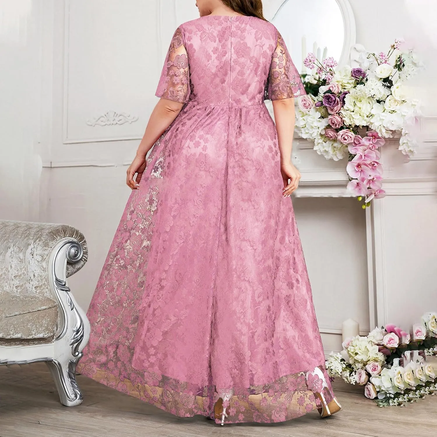 Womens Plus Size Floral Lace Short Sleeve Dress Cocktail Party Flowy Long Dresses V Neck Casual Loose Swing Maxi Dress
