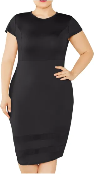 Women's Plus Size Pencil Midi Dress, Short Sleeve Crewneck Slim Fit Cocktail Party Dresses Solid Comfy Trendy Clothes