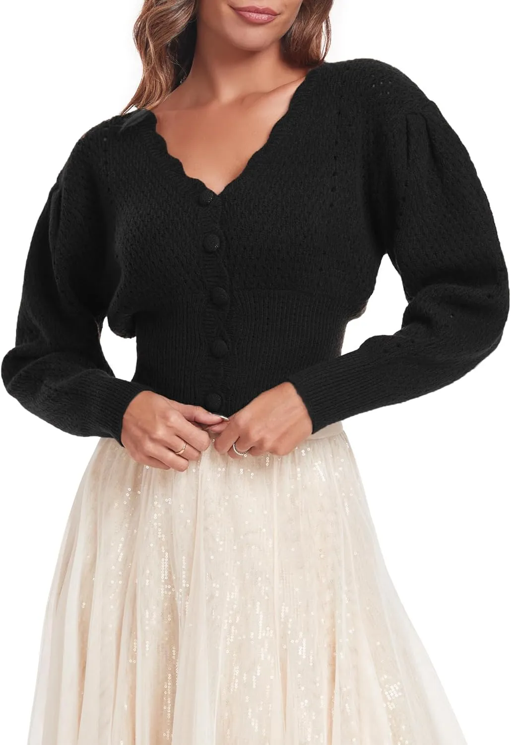 Women's Puff Short Sleeve Sweater V-Neck Button Knit Tops Crochet Soft Knitwear