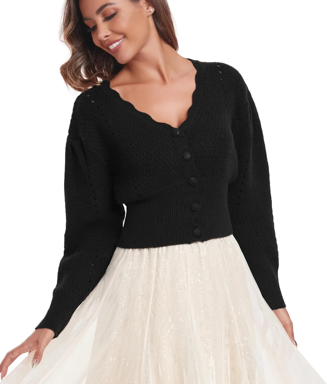 Women's Puff Short Sleeve Sweater V-Neck Button Knit Tops Crochet Soft Knitwear