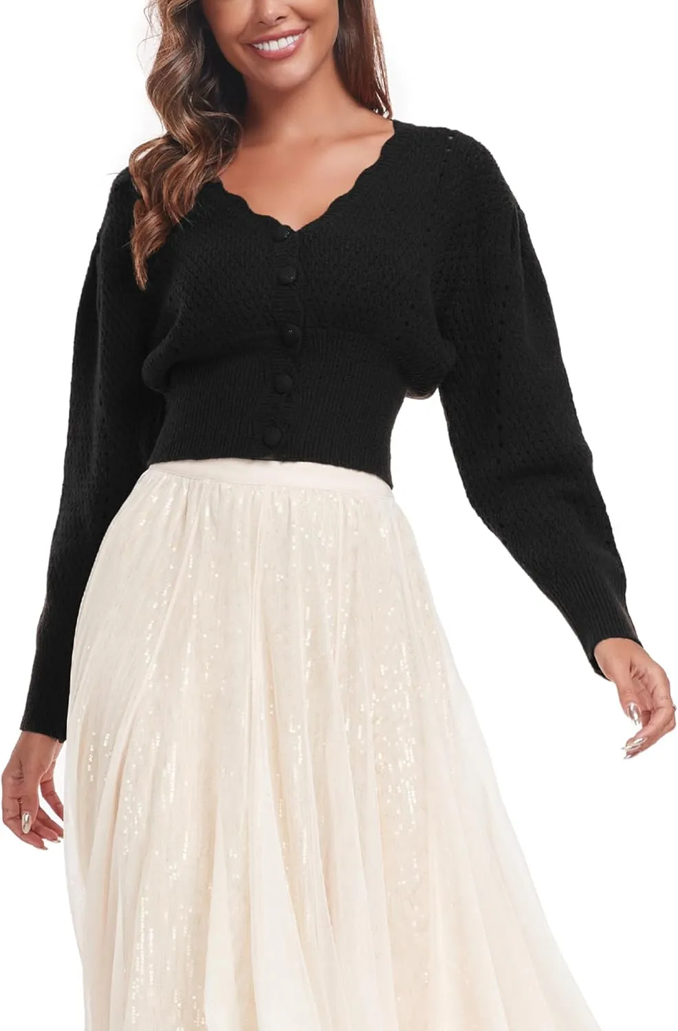 Women's Puff Short Sleeve Sweater V-Neck Button Knit Tops Crochet Soft Knitwear