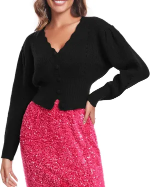 Women's Puff Short Sleeve Sweater V-Neck Button Knit Tops Crochet Soft Knitwear