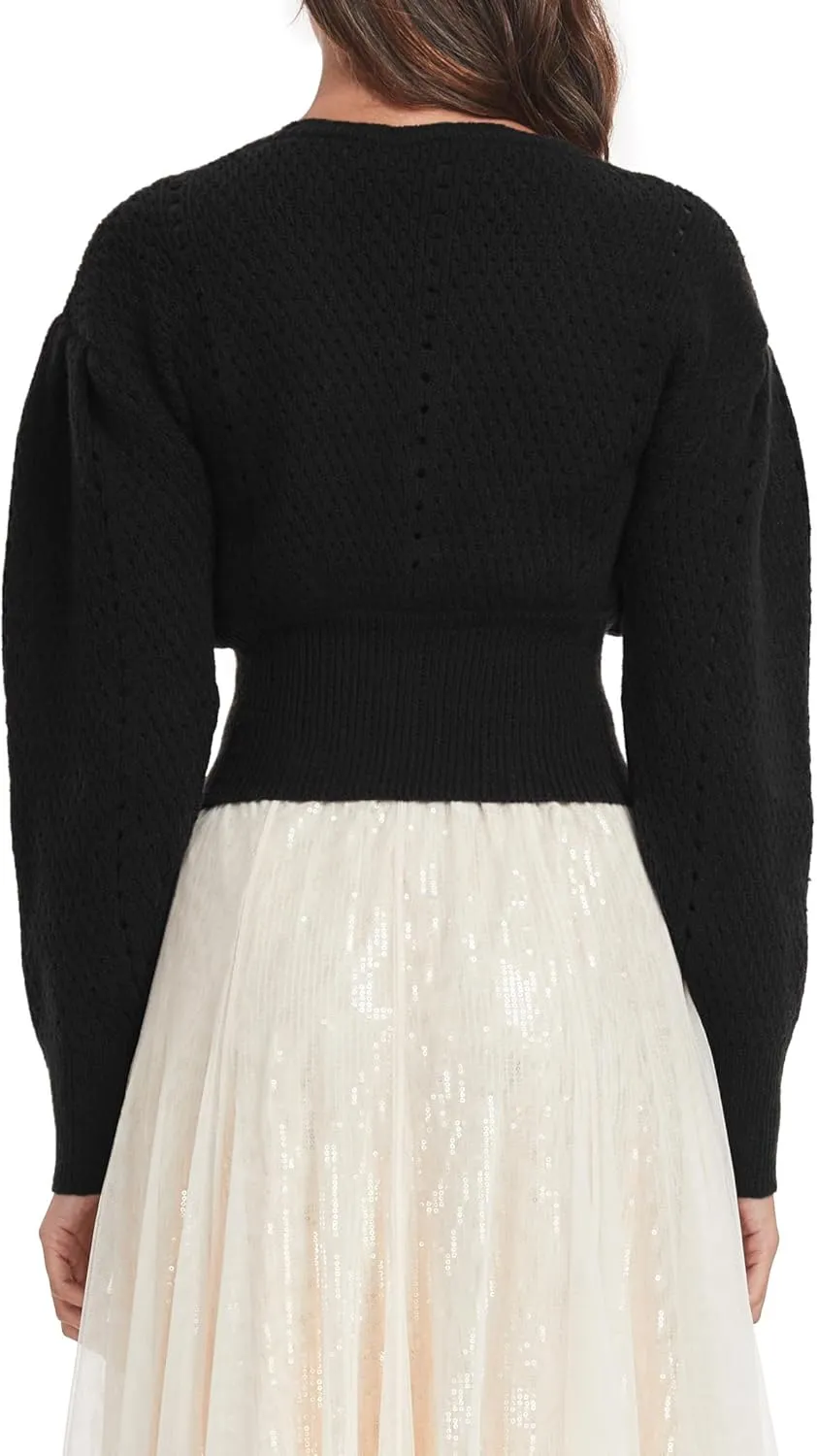 Women's Puff Short Sleeve Sweater V-Neck Button Knit Tops Crochet Soft Knitwear