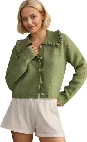 Womens Ruffle Collar Cardigan Sweater Button Up Open Front Fall Knit Jackets Cute Long Sleeve Button Down Cardigans