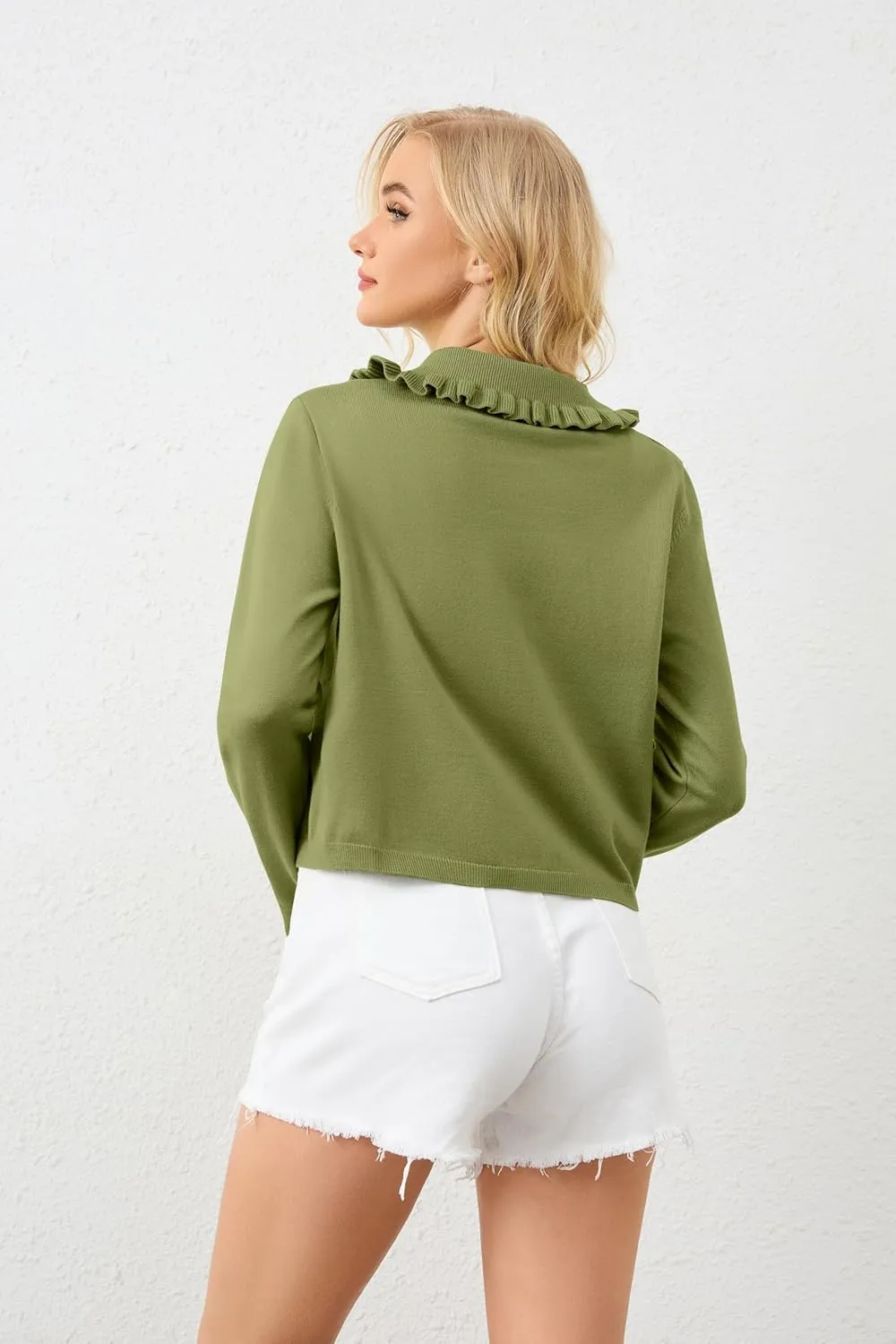 Womens Ruffle Collar Cardigan Sweater Button Up Open Front Fall Knit Jackets Cute Long Sleeve Button Down Cardigans