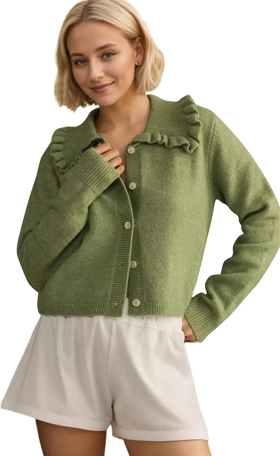 Womens Ruffle Collar Cardigan Sweater Button Up Open Front Fall Knit Jackets Cute Long Sleeve Button Down Cardigans