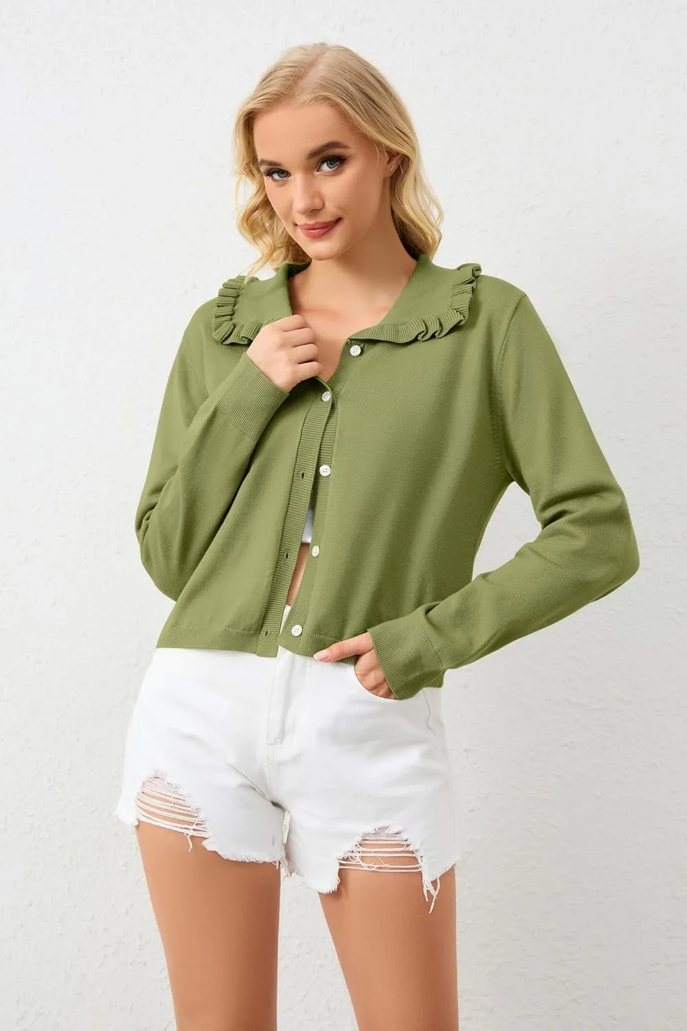 Womens Ruffle Collar Cardigan Sweater Button Up Open Front Fall Knit Jackets Cute Long Sleeve Button Down Cardigans