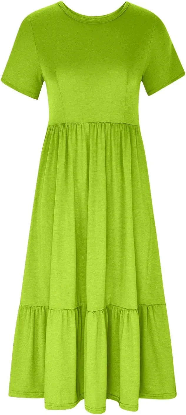 Women's Ruffle Midi Dress with Pockets Flowy Summer Crew Neck Short Sleeve T-Shirt Dress Casual Loose A line Sundress