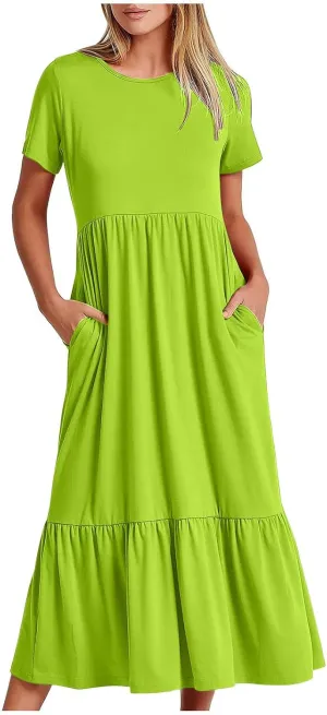 Women's Ruffle Midi Dress with Pockets Flowy Summer Crew Neck Short Sleeve T-Shirt Dress Casual Loose A line Sundress