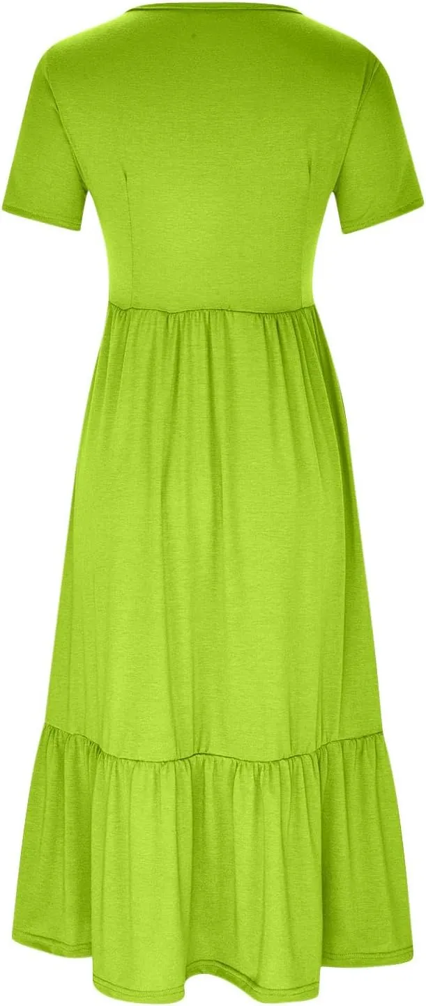 Women's Ruffle Midi Dress with Pockets Flowy Summer Crew Neck Short Sleeve T-Shirt Dress Casual Loose A line Sundress