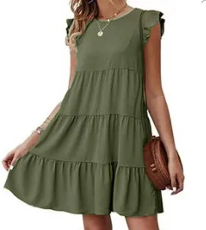 Women's Ruffles Boho Floral Printed Summer Dresses Loose Swing Casual Short Mini T-Shirt Dress