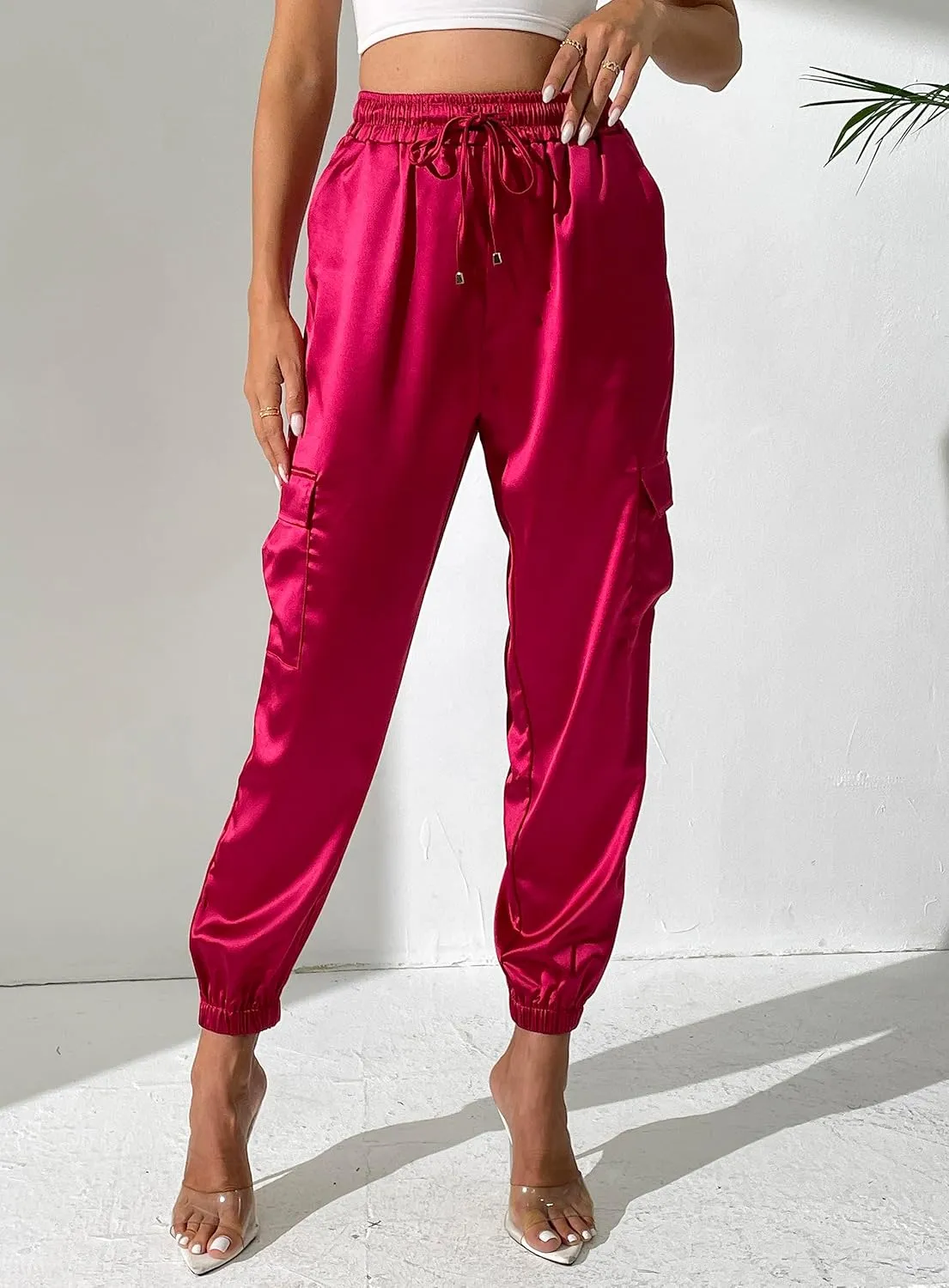 Women's Satin Cargo Joggers Pants Dressy Casual Silky Elastic High Waist Trousers