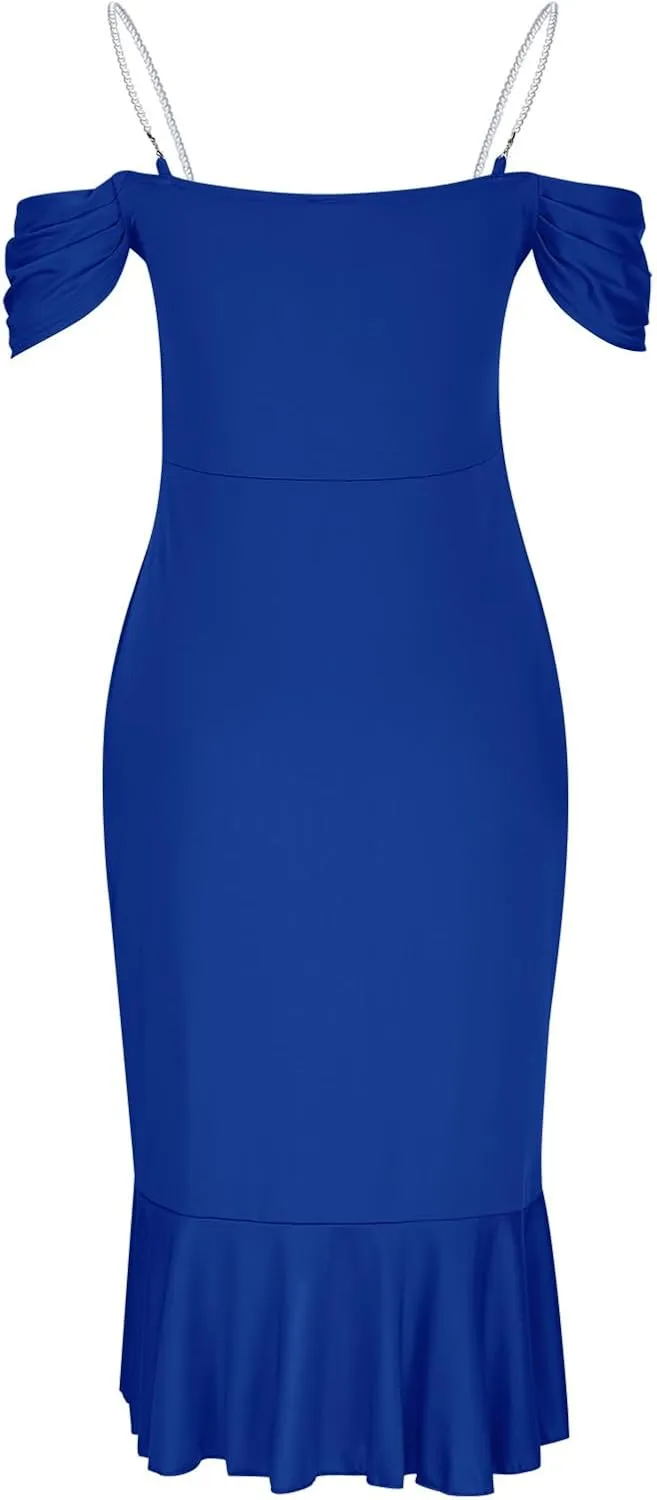 Womens Sexy Evening Party Bodycon Dress Off The Shoulder Pearls Strap Slit Midi Dress Ruffle Hem Cocktail Dresses