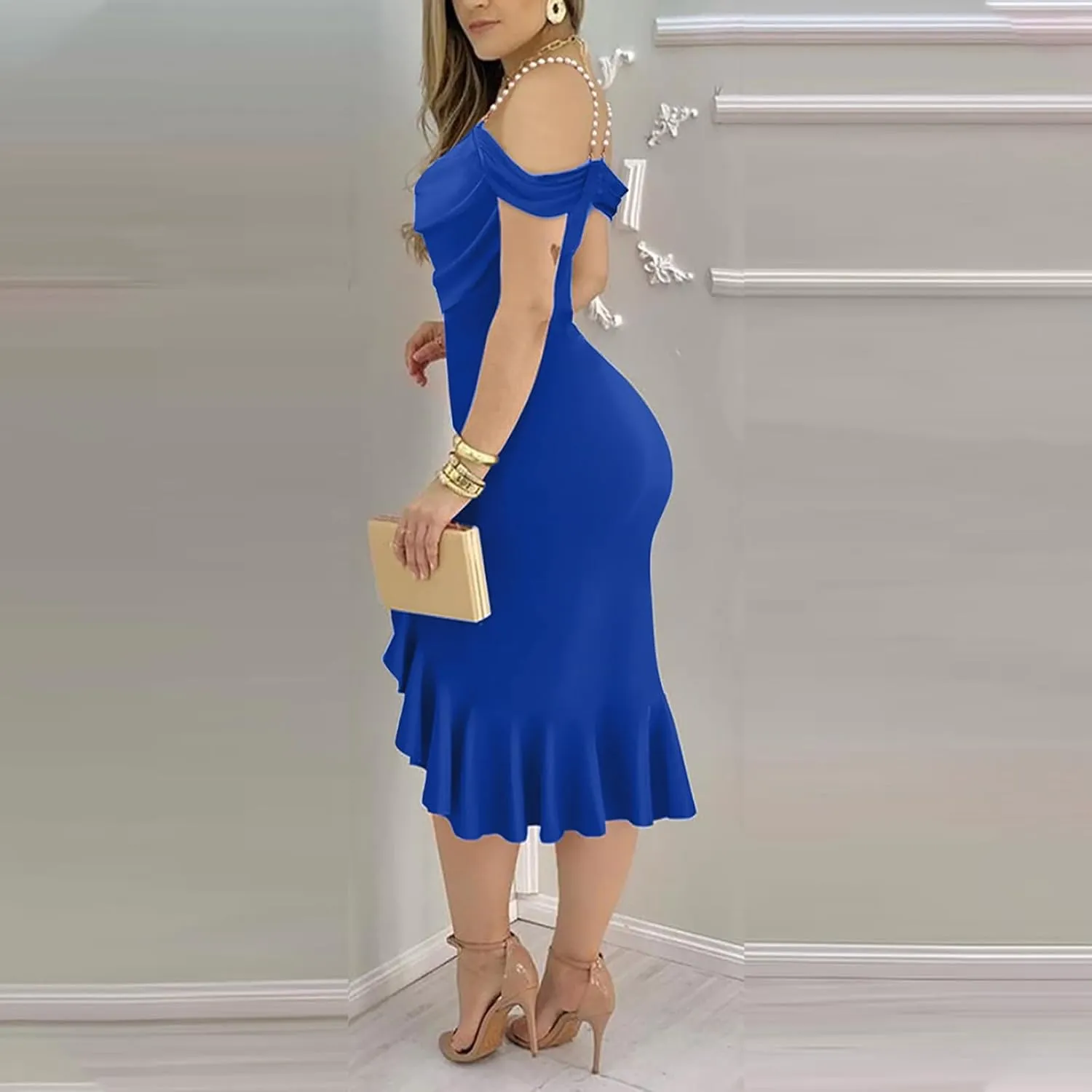 Womens Sexy Evening Party Bodycon Dress Off The Shoulder Pearls Strap Slit Midi Dress Ruffle Hem Cocktail Dresses