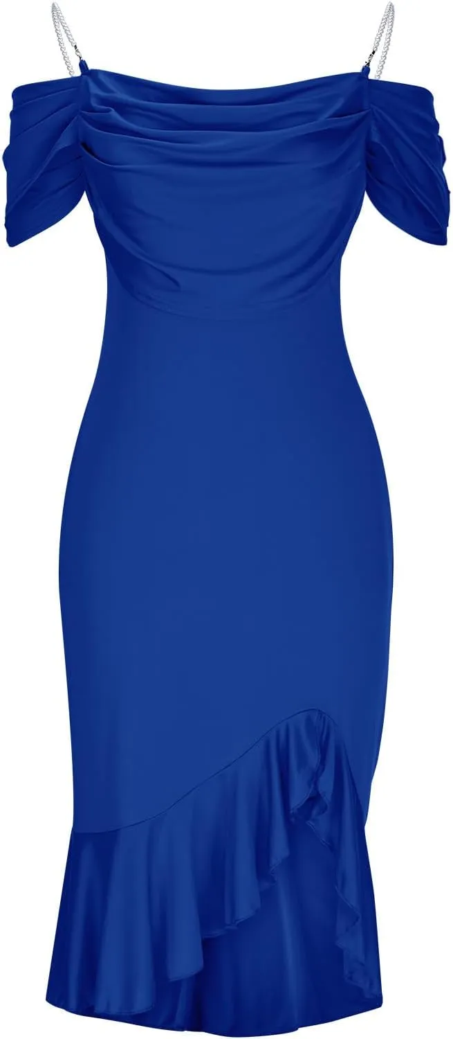 Womens Sexy Evening Party Bodycon Dress Off The Shoulder Pearls Strap Slit Midi Dress Ruffle Hem Cocktail Dresses