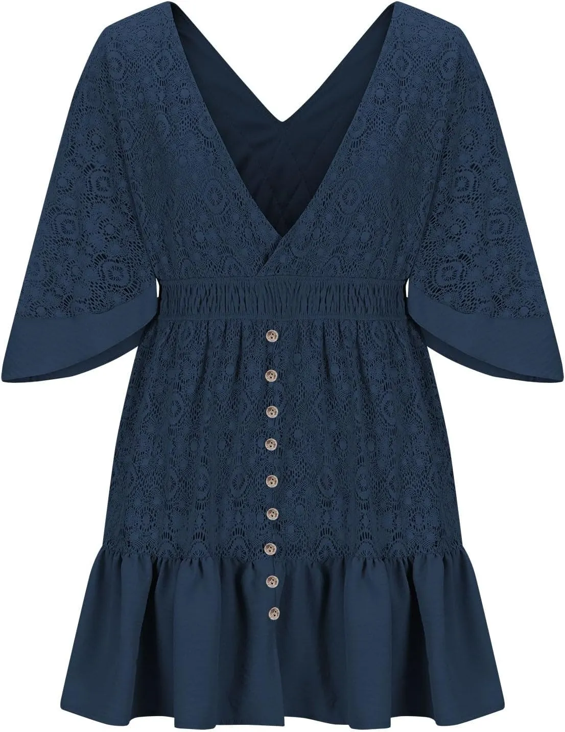 Women's Short Sleeve Mini Dress V Neck Lace Ruffle Hem 2025 Summer Dresses Trendy Casual Loose Swing Flowy Short Dress