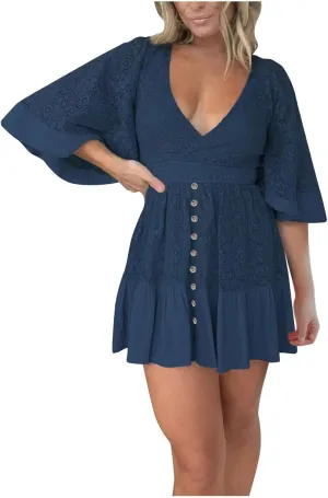 Women's Short Sleeve Mini Dress V Neck Lace Ruffle Hem 2025 Summer Dresses Trendy Casual Loose Swing Flowy Short Dress