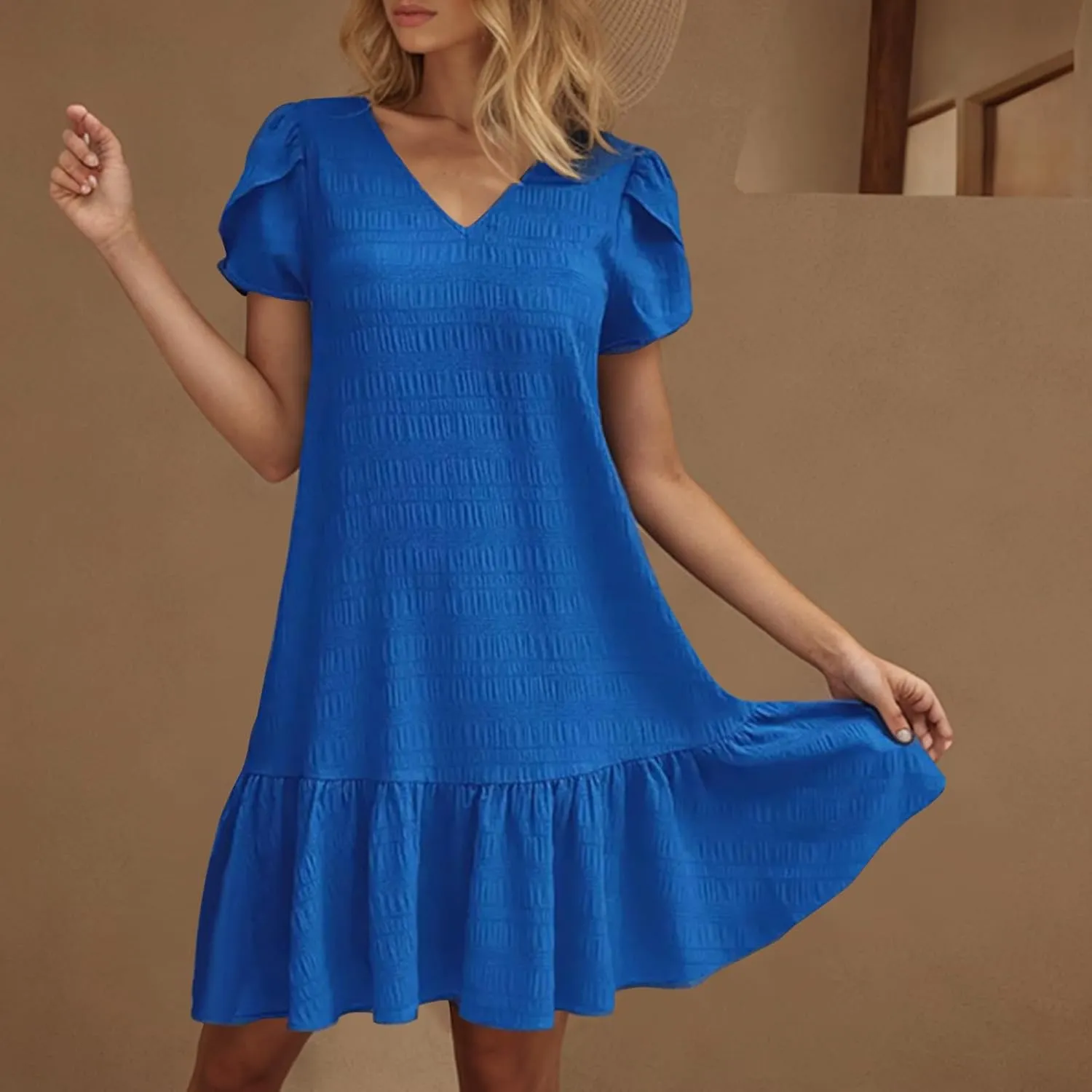 Women's Short Sleeve Ruffle Hem Dress V Neck Casual Summer Beach Mini Dresses Trendy Ruched Loose Flowy Short Dress