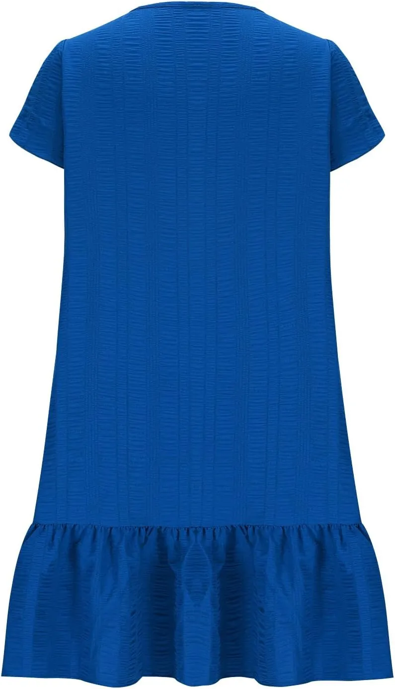 Women's Short Sleeve Ruffle Hem Dress V Neck Casual Summer Beach Mini Dresses Trendy Ruched Loose Flowy Short Dress