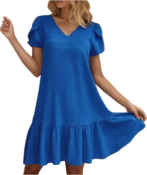 Women's Short Sleeve Ruffle Hem Dress V Neck Casual Summer Beach Mini Dresses Trendy Ruched Loose Flowy Short Dress