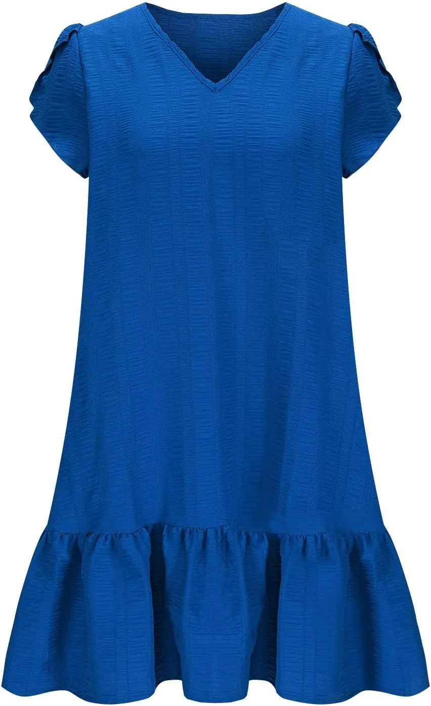 Women's Short Sleeve Ruffle Hem Dress V Neck Casual Summer Beach Mini Dresses Trendy Ruched Loose Flowy Short Dress