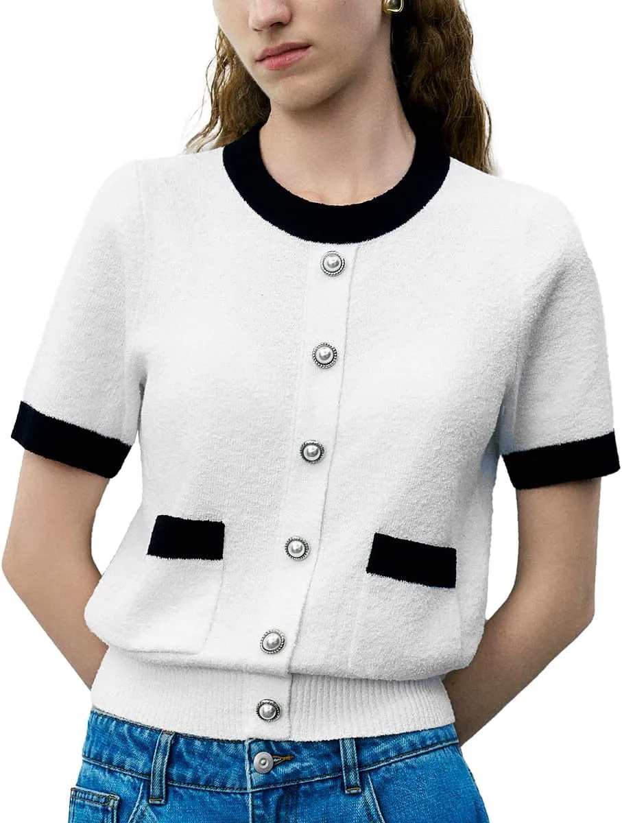 Women's Short Sleeve Sweater Summer Crew Neck Cropped Color Block Tops Casual Knit Shirts with Pockets