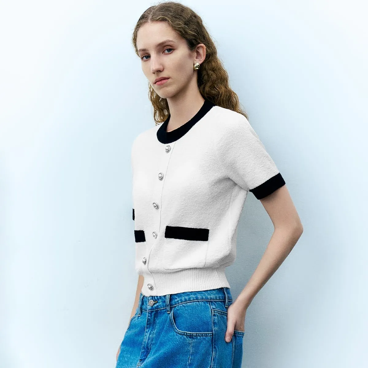 Women's Short Sleeve Sweater Summer Crew Neck Cropped Color Block Tops Casual Knit Shirts with Pockets