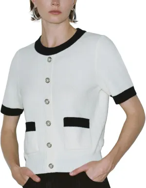 Women's Short Sleeve Sweater Summer Crew Neck Cropped Color Block Tops Casual Knit Shirts with Pockets