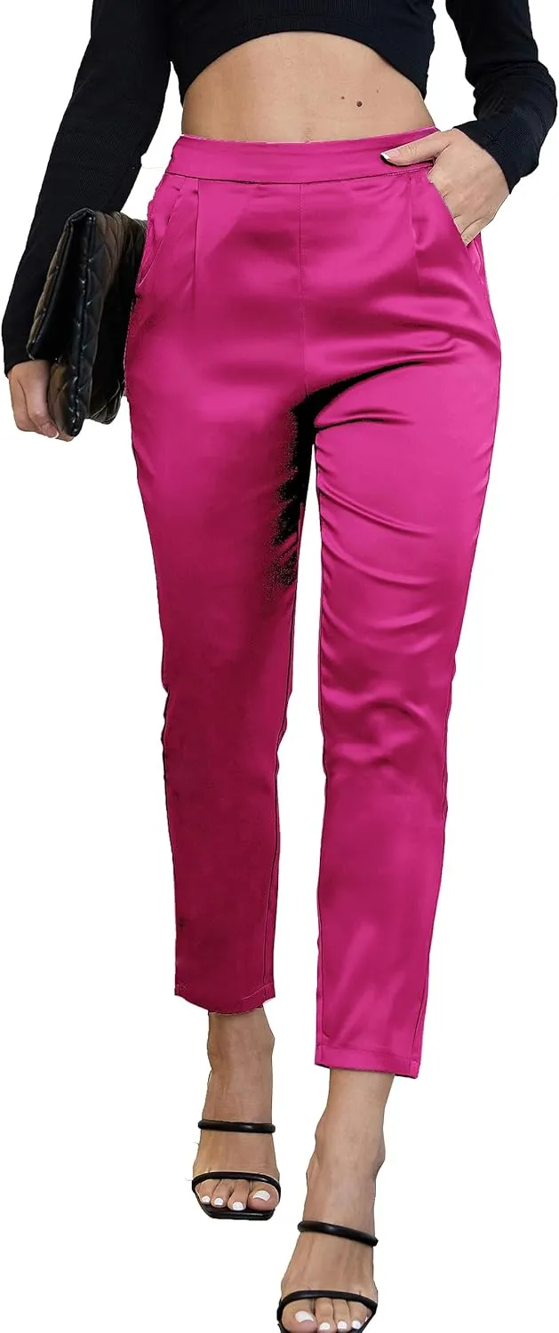 Women's Silky Satin Wedding Dressy Casual Elastic Waist Pants Party Club Wear Trousers