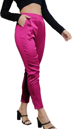 Women's Silky Satin Wedding Dressy Casual Elastic Waist Pants Party Club Wear Trousers