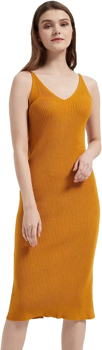Women's Sleeveless Sweater Dress Knit Slim V Neck Bodycon Midi Stretchable Elasticity Slim Fits
