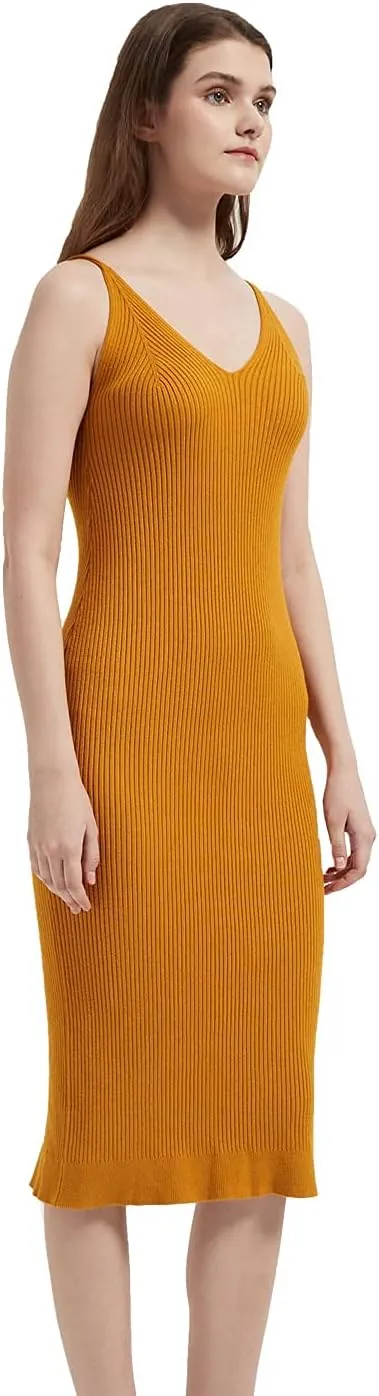 Women's Sleeveless Sweater Dress Knit Slim V Neck Bodycon Midi Stretchable Elasticity Slim Fits