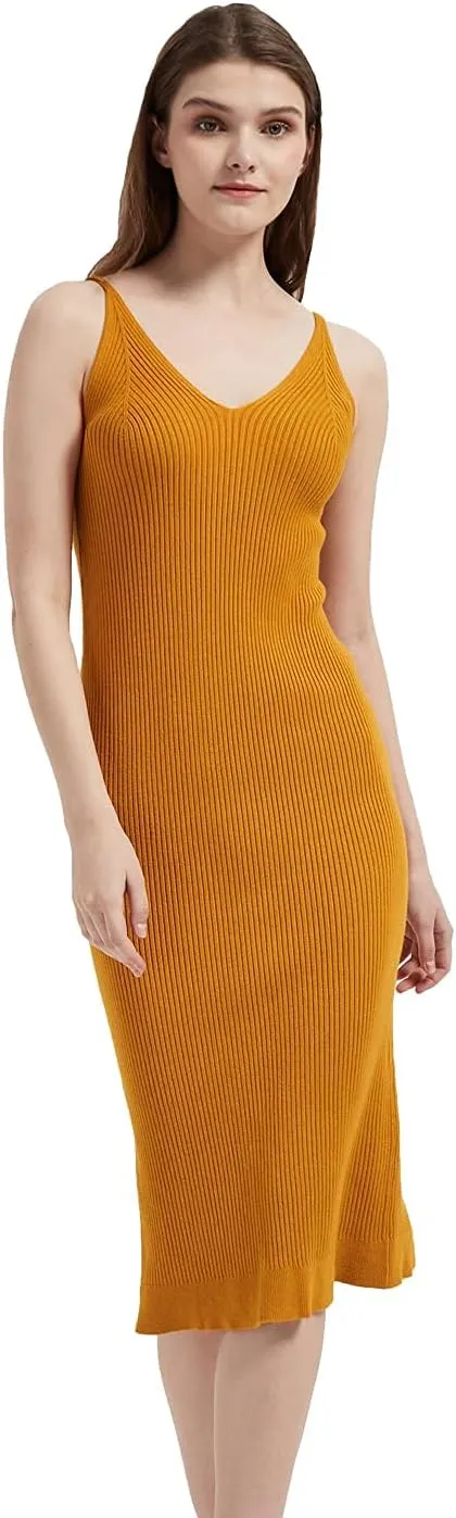 Women's Sleeveless Sweater Dress Knit Slim V Neck Bodycon Midi Stretchable Elasticity Slim Fits