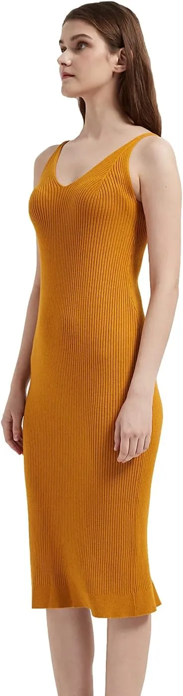 Women's Sleeveless Sweater Dress Knit Slim V Neck Bodycon Midi Stretchable Elasticity Slim Fits