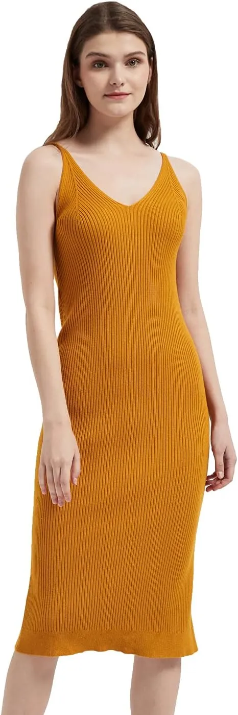 Women's Sleeveless Sweater Dress Knit Slim V Neck Bodycon Midi Stretchable Elasticity Slim Fits