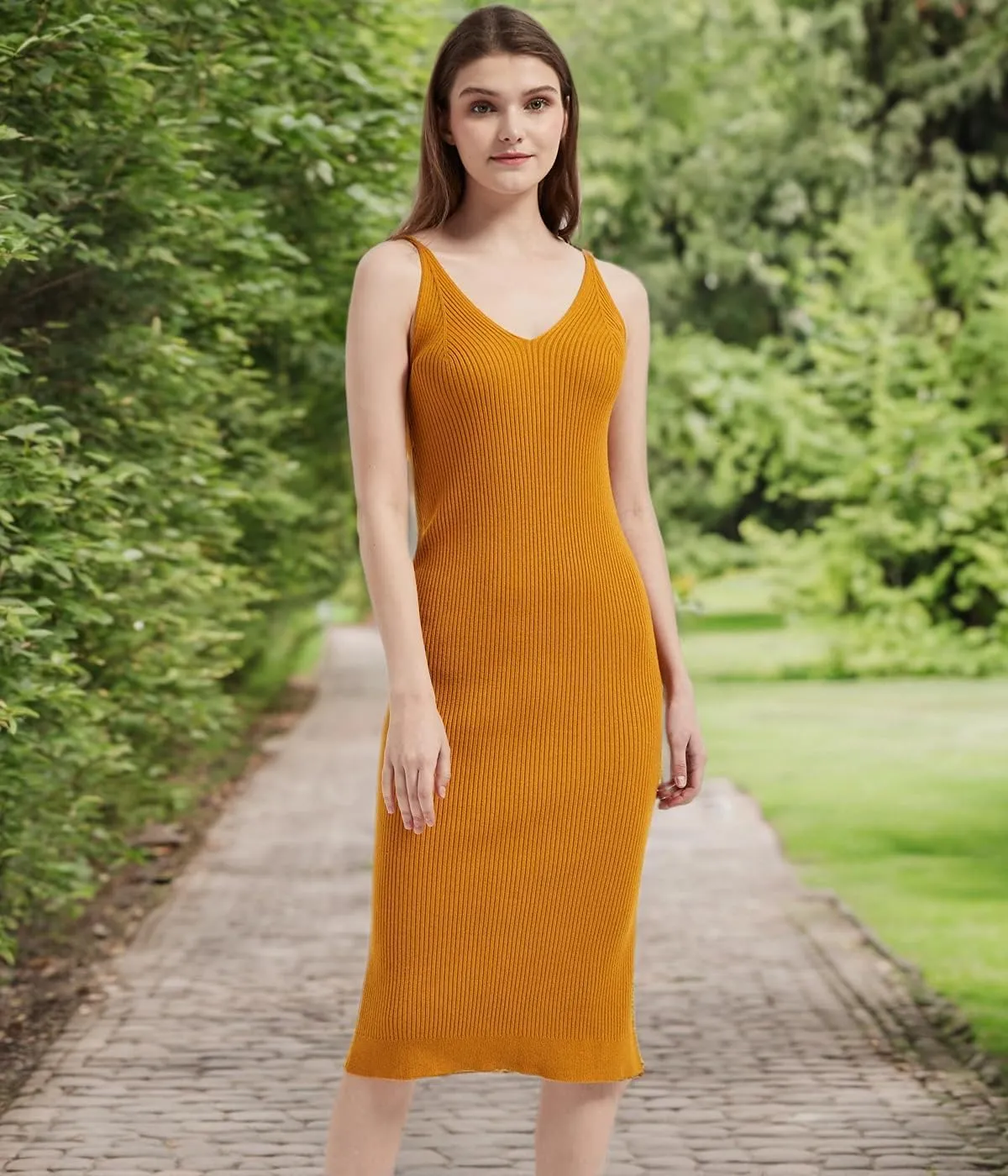 Women's Sleeveless Sweater Dress Knit Slim V Neck Bodycon Midi Stretchable Elasticity Slim Fits