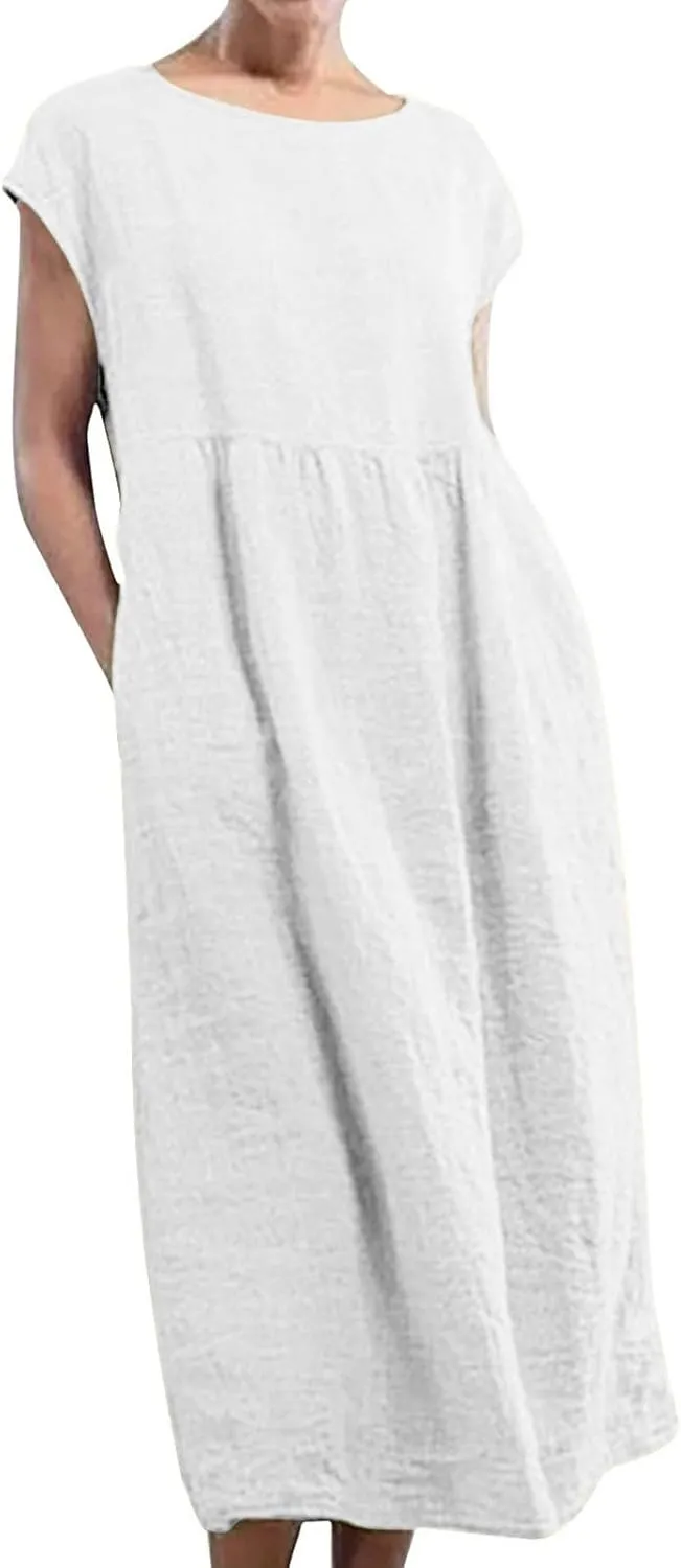 Women's Solid Sleeveless O Neck Maxi Pockets Loose Baggy Kaftan Long Dress Casual Midi Dresses for Women with
