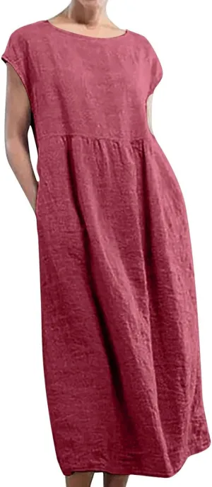 Women's Solid Sleeveless O Neck Maxi Pockets Loose Baggy Kaftan Long Dress Casual Midi Dresses for Women with