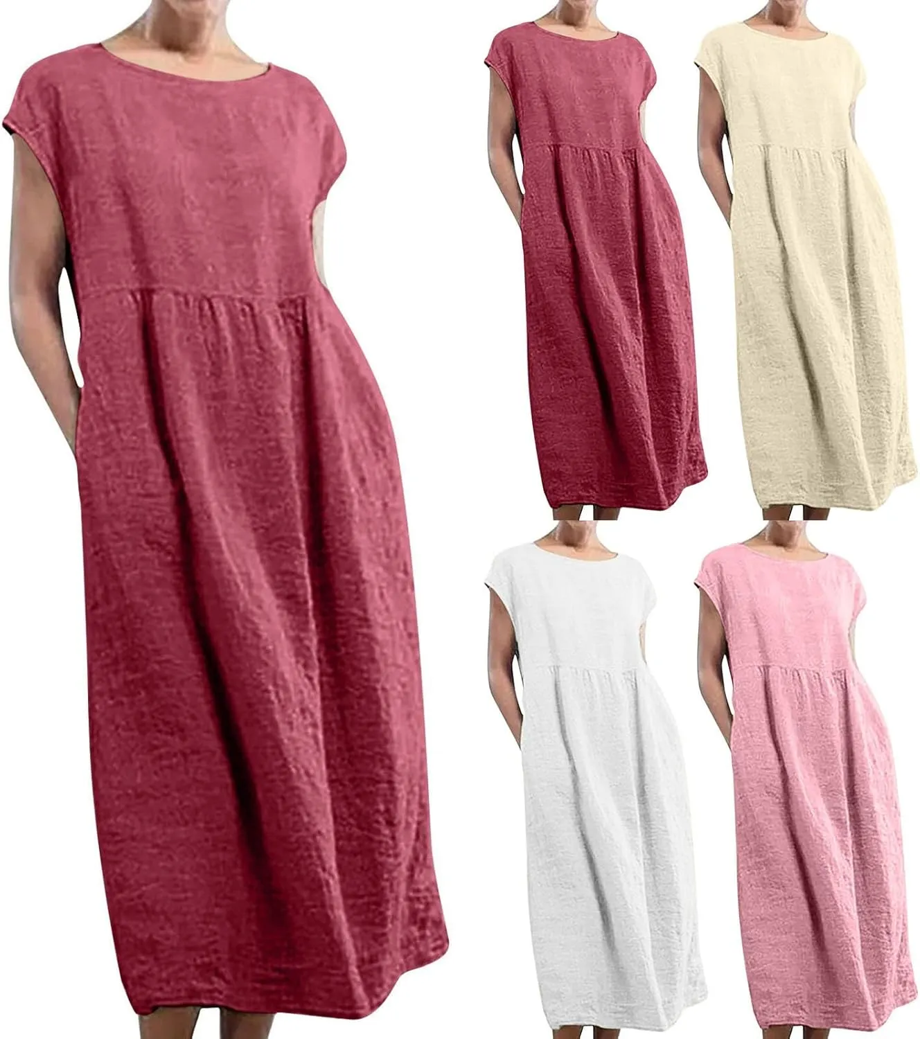 Women's Solid Sleeveless O Neck Maxi Pockets Loose Baggy Kaftan Long Dress Casual Midi Dresses for Women with