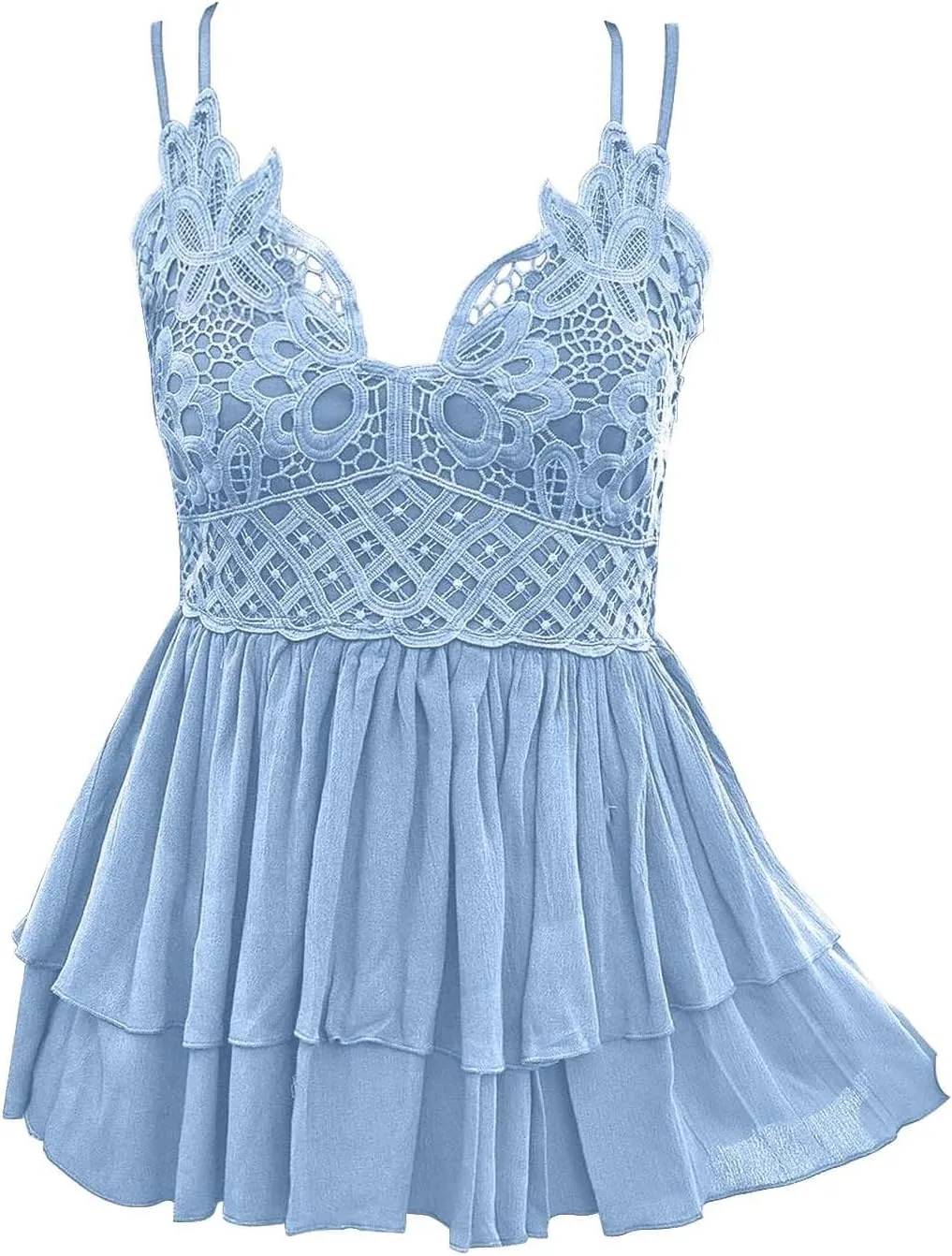 Women's Spaghetti Strap Blouse Cute Lace Summer Tops Sexy V Neck Pleated Sleeveless Beach Gauze Camisole Flowy Shirt