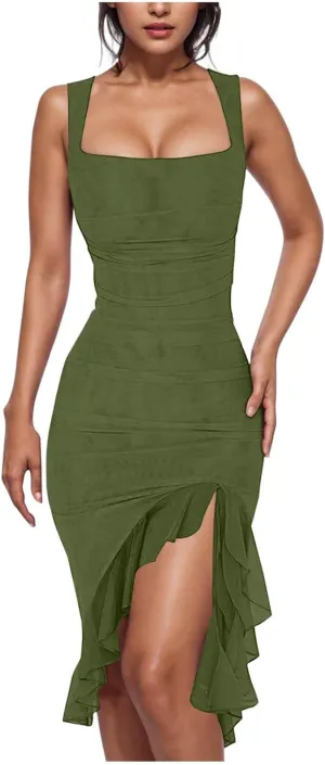 Women's Square Neck Sleeveless Bodycon Midi Dresses Ruched Ruffle Hem Mesh Patchwork Warp Cocktail Party Evening Dress