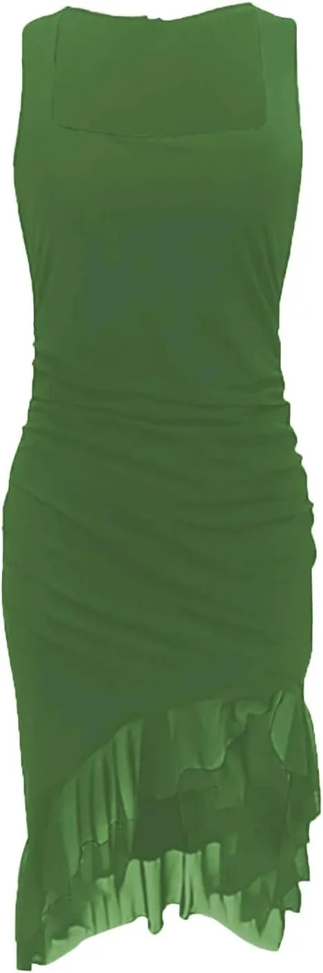 Women's Square Neck Sleeveless Bodycon Midi Dresses Ruched Ruffle Hem Mesh Patchwork Warp Cocktail Party Evening Dress