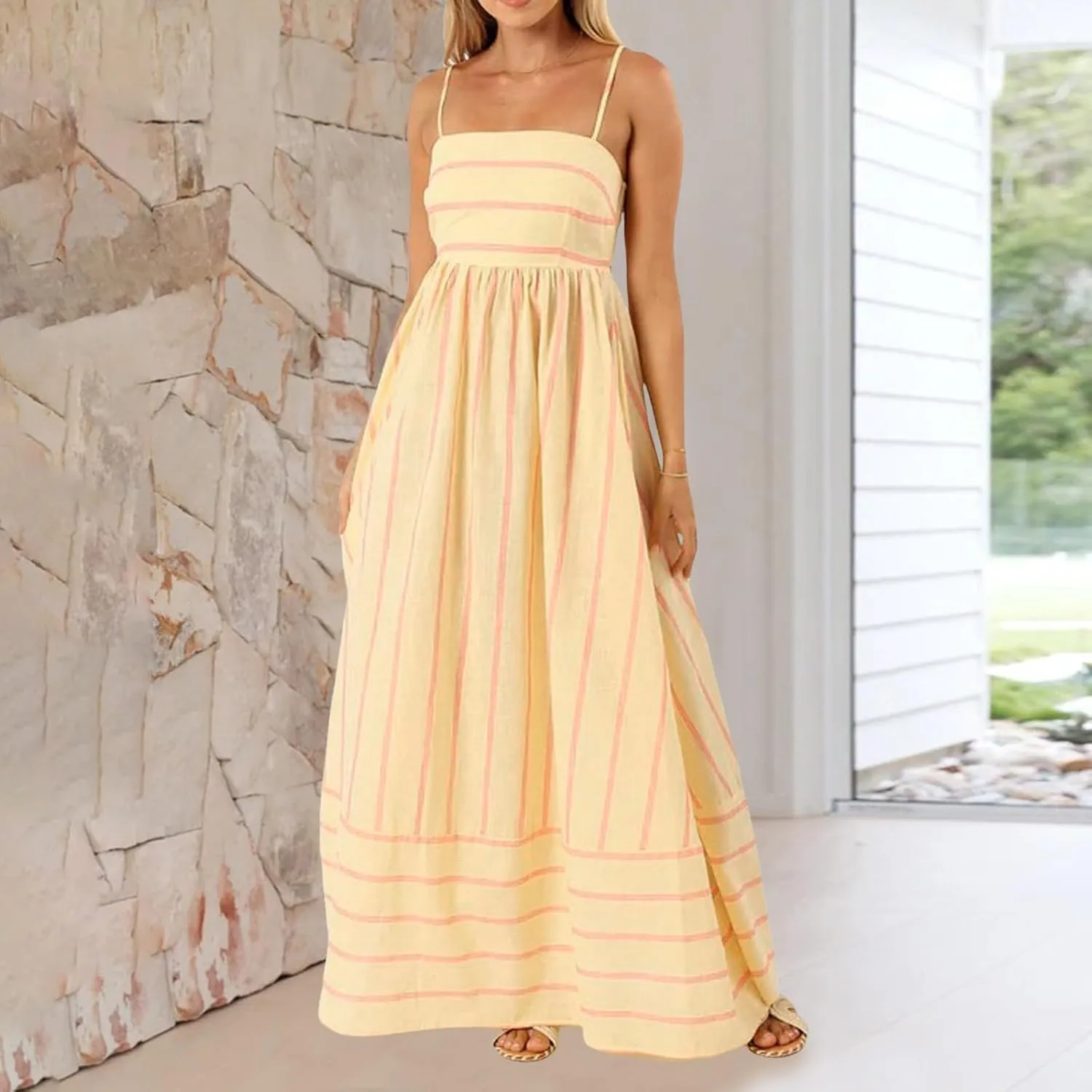 Women's Striped Back Smocked Maxi Dress Sexy Spaghetti Strap Cut Out Flowy Swing Long Dress Going Out A Line Casual Sundress