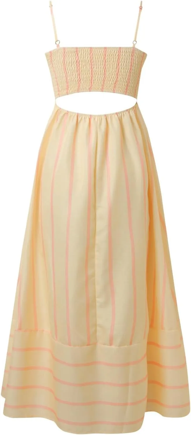 Women's Striped Back Smocked Maxi Dress Sexy Spaghetti Strap Cut Out Flowy Swing Long Dress Going Out A Line Casual Sundress