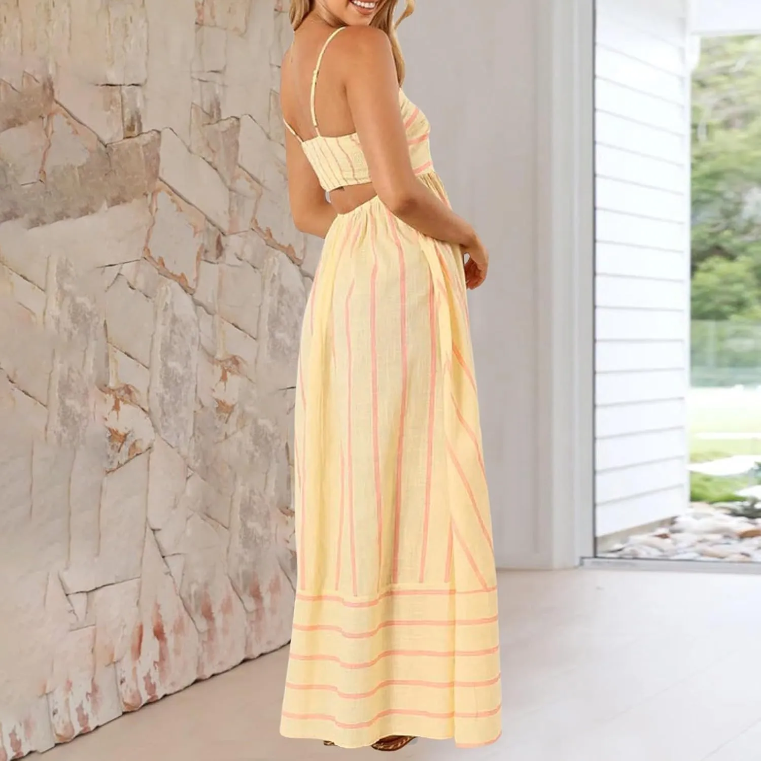 Women's Striped Back Smocked Maxi Dress Sexy Spaghetti Strap Cut Out Flowy Swing Long Dress Going Out A Line Casual Sundress
