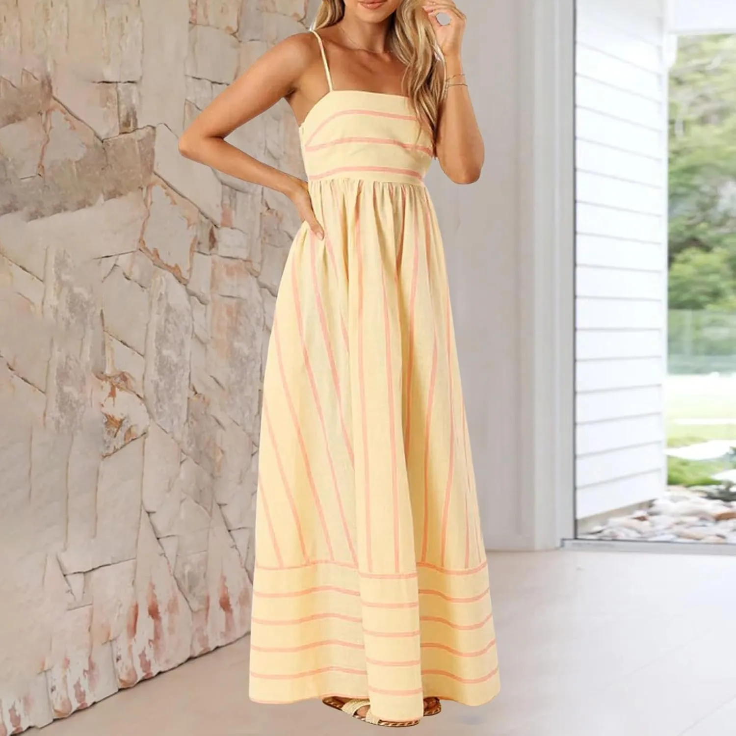 Women's Striped Back Smocked Maxi Dress Sexy Spaghetti Strap Cut Out Flowy Swing Long Dress Going Out A Line Casual Sundress