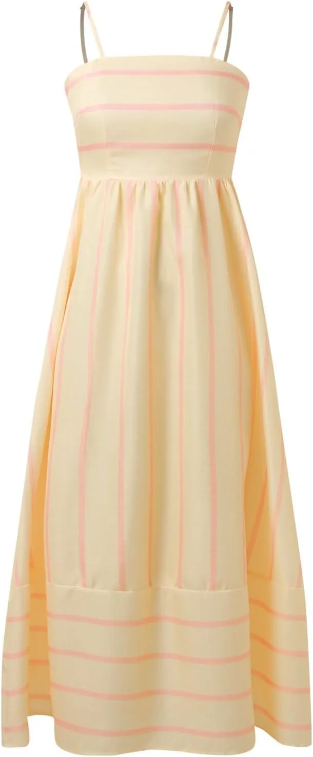Women's Striped Back Smocked Maxi Dress Sexy Spaghetti Strap Cut Out Flowy Swing Long Dress Going Out A Line Casual Sundress