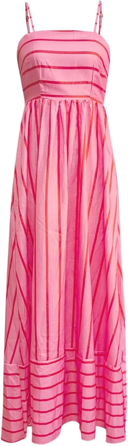 Women's Striped Back Smocked Maxi Dress Sexy Spaghetti Strap Dress Cut Out Flowy Swing Long Dresses
